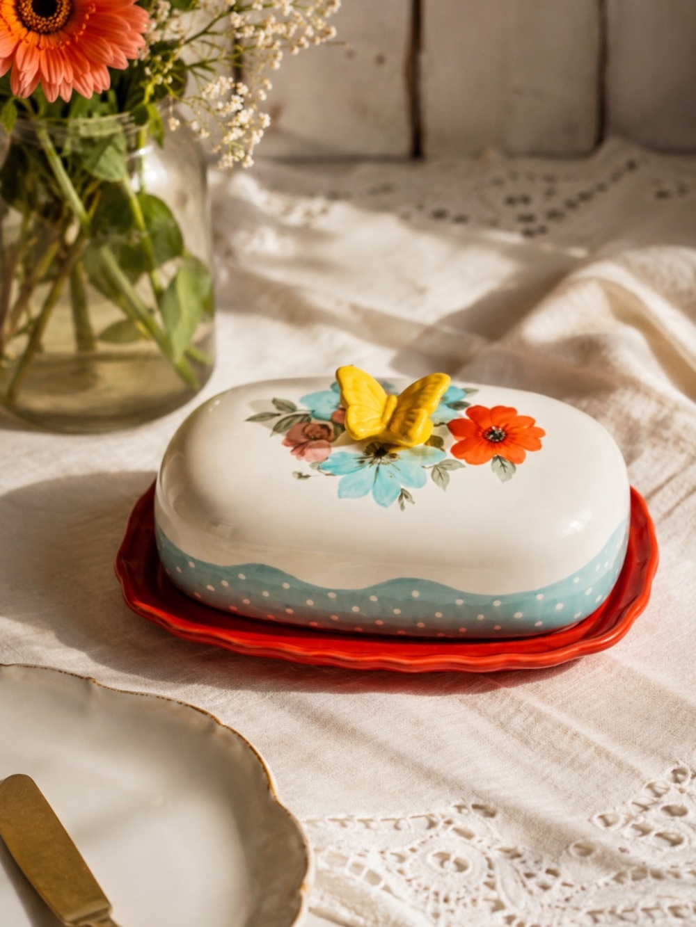 Pioneer Woman Floral Butterfly Butter Dish Red Base Retired OS‎